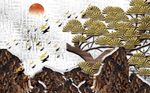 意境金色古松山峰飞鸟背景墙