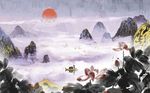 水墨荷花山水背景墙