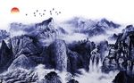蓝色水墨山水意境背景墙