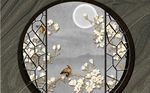 中式大理石漏窗框景花鸟背景墙