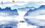 手绘蓝色水墨山水画背景墙