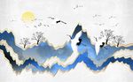 新中式抽象意境山水仙鹤背景墙
