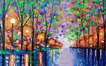 现代唯美夜景树林油画背景墙