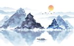 中式蓝色水墨高山飞鸟背景墙