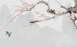 手绘花鸟朦胧山水背景墙
