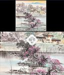 手绘桃花山水花鸟中式无框画装饰