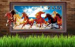 3D八骏全图瀑布3D电视背景墙