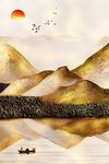 中式金箔山水风景飞鸟装饰画