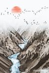 中国风高山流水水彩装饰画