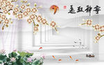 彩雕花卉中式山水画背景墙