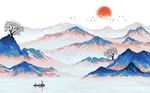 中式抽象水墨日出山水背景墙