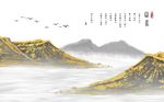 创意金色水墨山水飞鸟背景墙