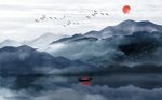 蓝色水墨山水倒影云雾背景墙