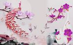 孔雀花瓶花卉蝴蝶鸟儿背景墙