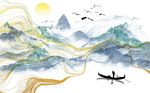 新中式线条抽象白鹭背景墙