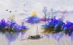 创意抽象山水渔船飞鸟背景墙