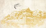 中式手绘古代建筑背景墙
