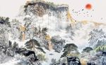中国风抽象水墨山水瀑布背景墙
