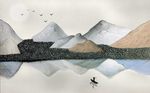 立体浮雕山体水墨鸟船背景墙