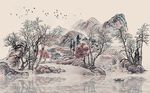 中国风山水意境飞鸟背景墙