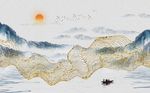 蓝色水墨山水金箔曲线鸟群背景墙