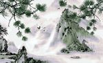 中式绿色山峦松树松鹤背景墙
