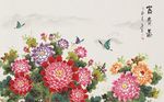 中国风水墨彩绘富贵花开背景墙
