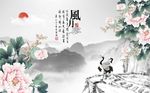 新中式牡丹仙鹤装饰山水画背景墙