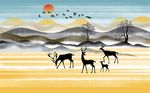 现代简约山水麋鹿风景画背景墙