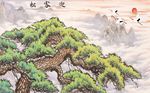 中国风水墨手绘工笔迎客松背景墙