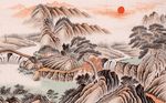 水墨山水工笔旭日东升背景墙