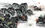 中国风流水生财水墨山水背景墙