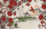 中式唯美牡丹凤凰山峦背景墙