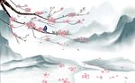 中式清新淡雅山水花枝背景墙