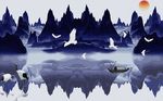 山水水墨白鹤中式背景墙