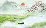 中式清新河水远山背景墙