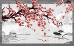 中式唯美桃花山水小船背景墙