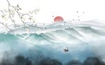 清新树枝彩色水墨风景背景墙
