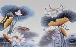 中国风手绘水墨荷花池塘背景墙