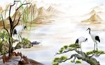 中式手绘柳树白鹤山水墨背景墙