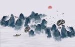 中式意境水墨蓝色山水背景墙