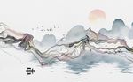 现代抽象山水线条小舟飞鸟背景墙