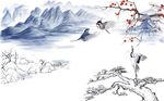 现代山水简约仙鹤小鸟背景墙