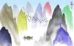 中式彩色抽象山水背景墙