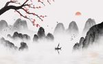 中式意境水墨花枝山水背景墙