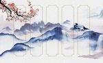蓝色山水水墨梅花背景墙