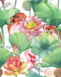 手绘水彩荷花鲤鱼服装印花图案