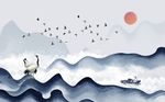 中式蓝色波纹山峦仙鹤背景墙