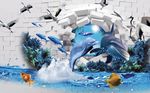 现代3D海豚白鹤背景墙