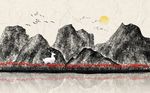 手绘水墨山水麋鹿背景墙